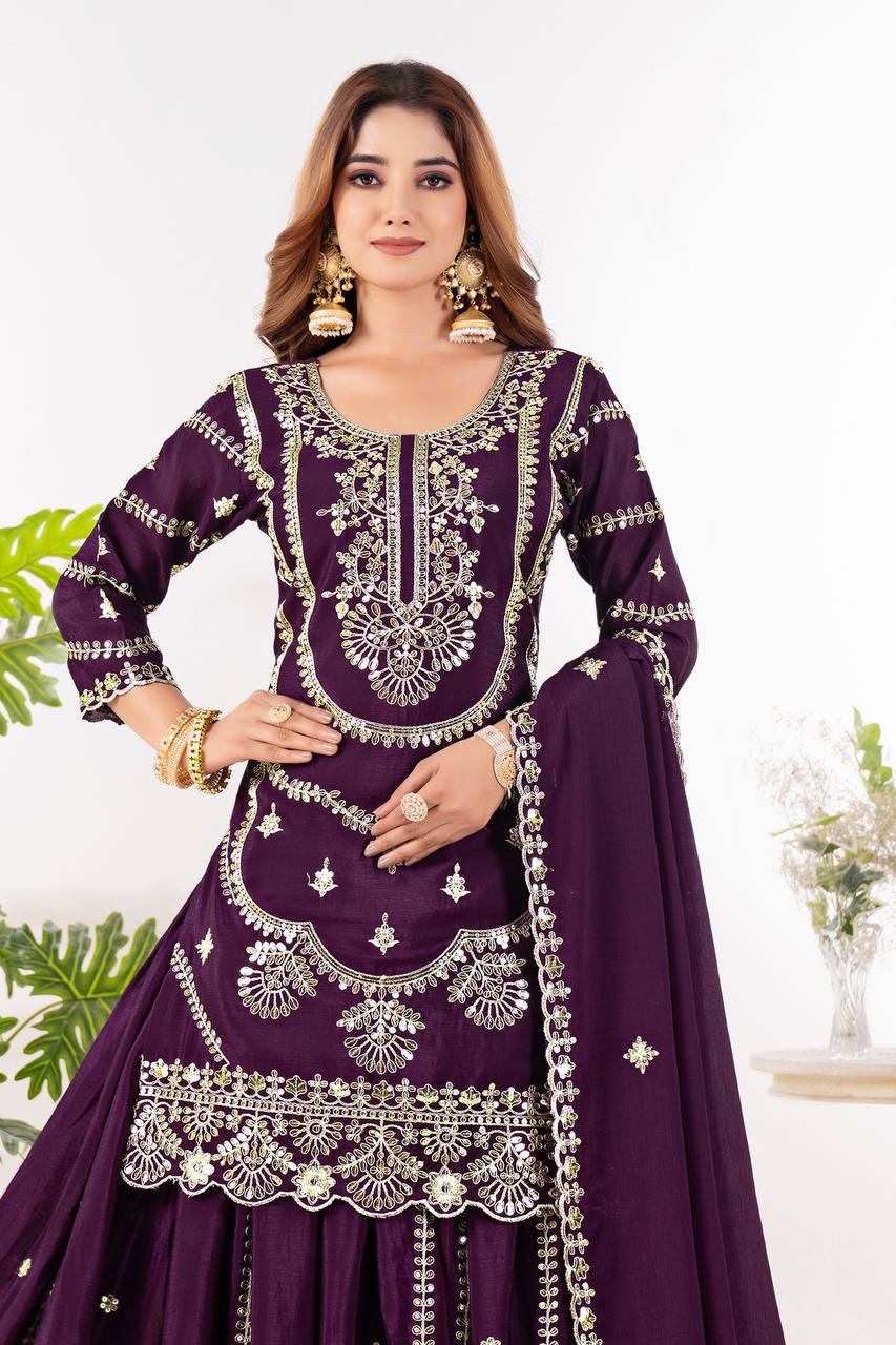 Function Wear Wine Color Pure Chinnon Silk And Embroidery With Coding Sequence Work Palazzo Suit