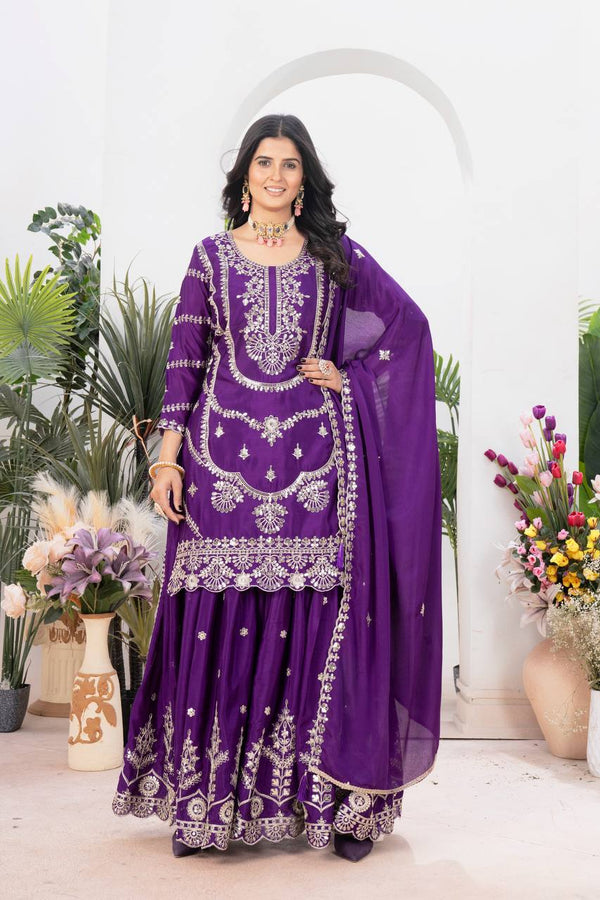 Ceremony Wear Purple Color Pure Chinnon Silk And Embroidery With Coding Sequence Work Palazzo Suit