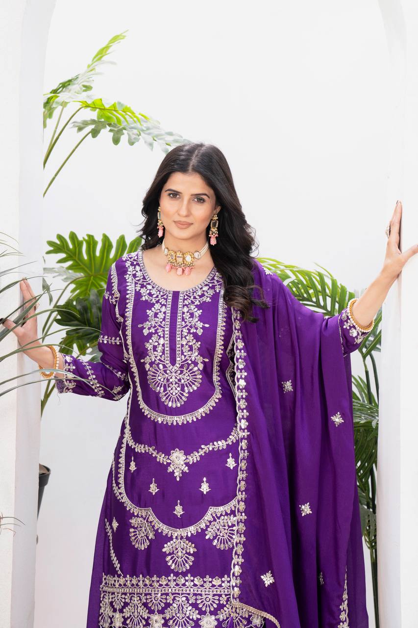 Ceremony Wear Purple Color Pure Chinnon Silk And Embroidery With Coding Sequence Work Palazzo Suit