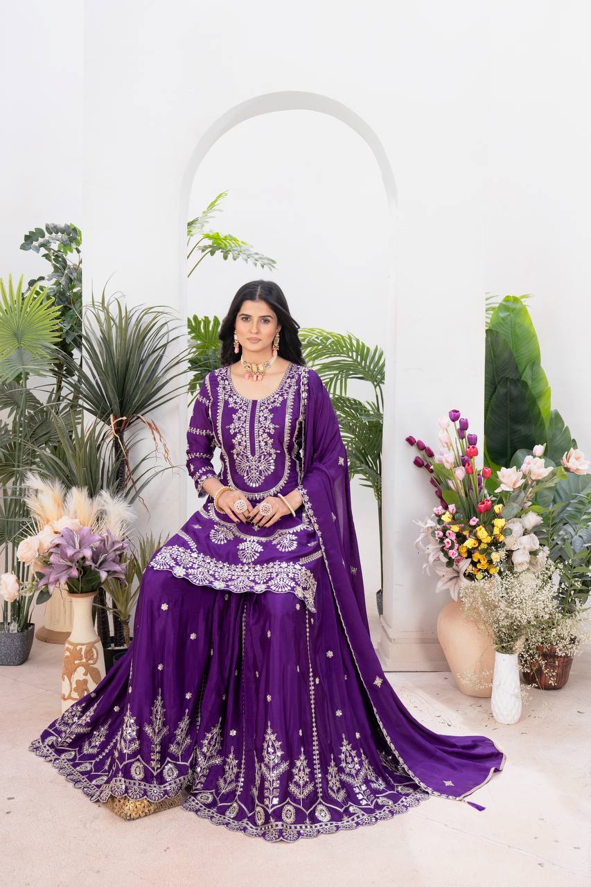 Ceremony Wear Purple Color Pure Chinnon Silk And Embroidery With Coding Sequence Work Palazzo Suit