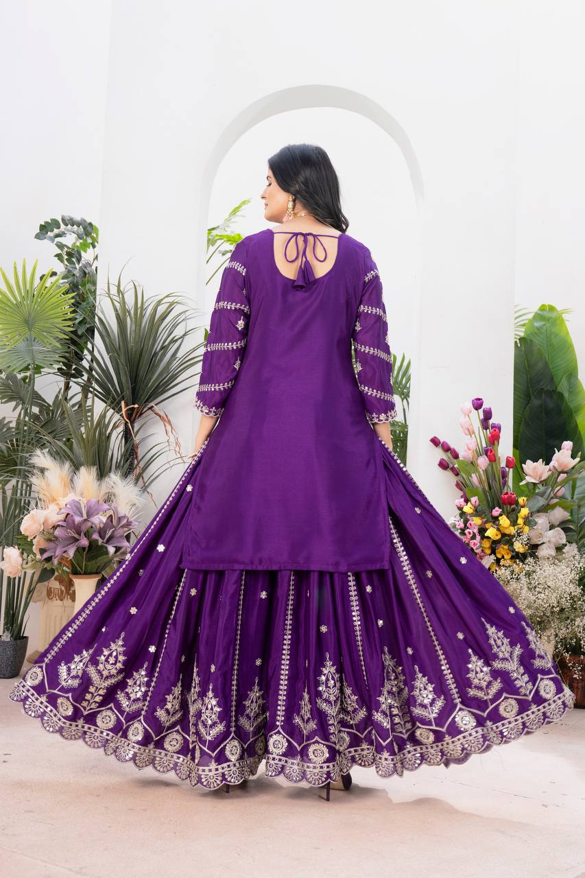 Ceremony Wear Purple Color Pure Chinnon Silk And Embroidery With Coding Sequence Work Palazzo Suit