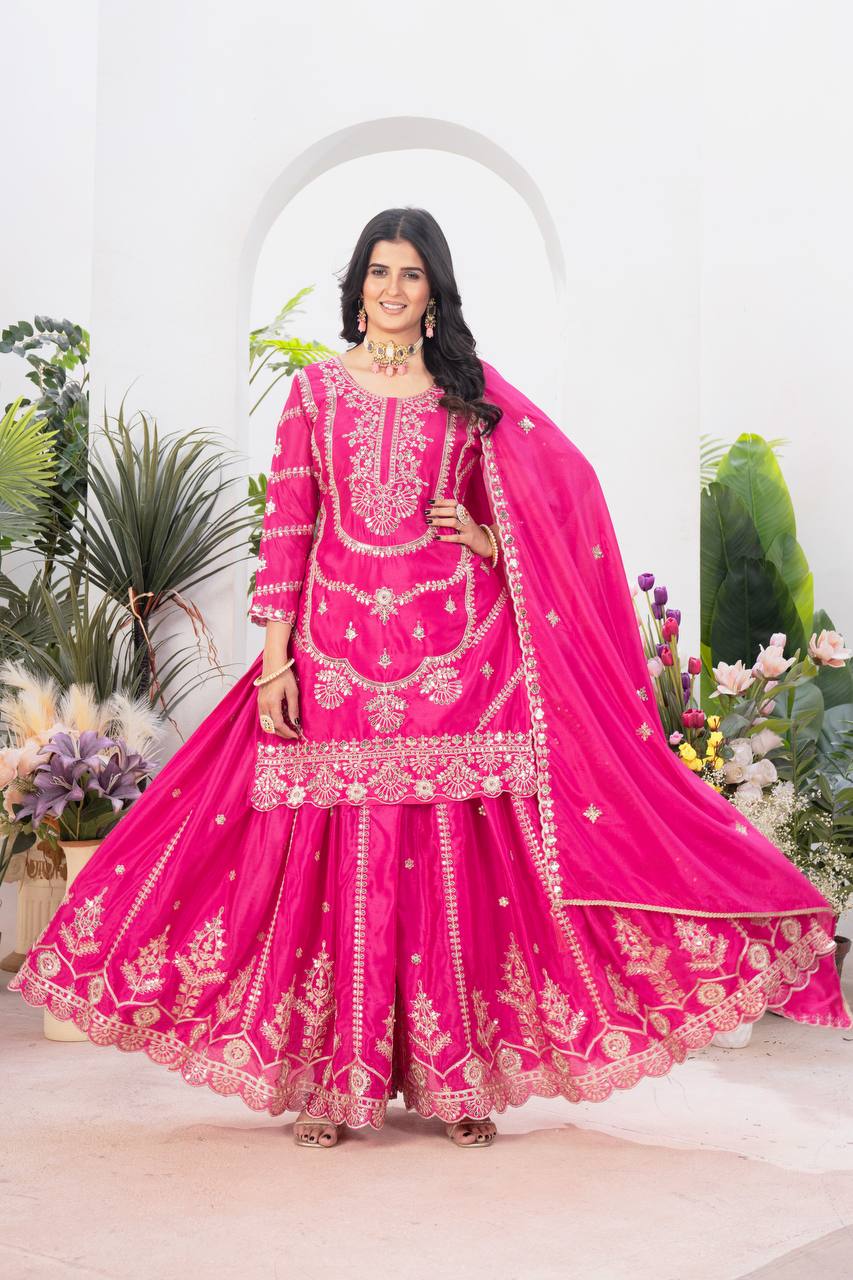 Ceremony Wear Pink Color Pure Chinnon Silk And Embroidery With Coding Sequence Work Palazzo Suit