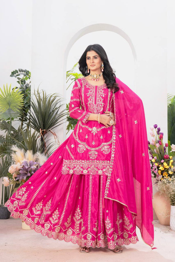Ceremony Wear Pink Color Pure Chinnon Silk And Embroidery With Coding Sequence Work Palazzo Suit