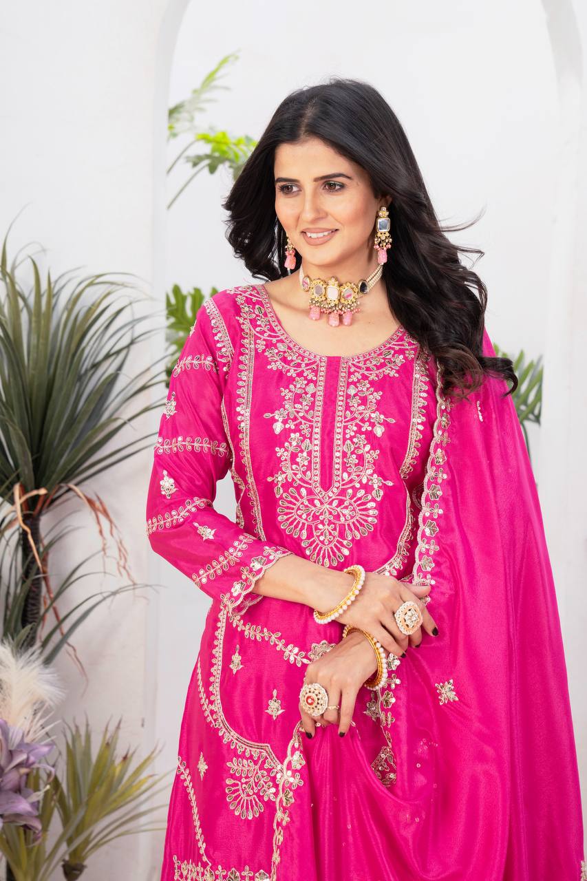 Ceremony Wear Pink Color Pure Chinnon Silk And Embroidery With Coding Sequence Work Palazzo Suit