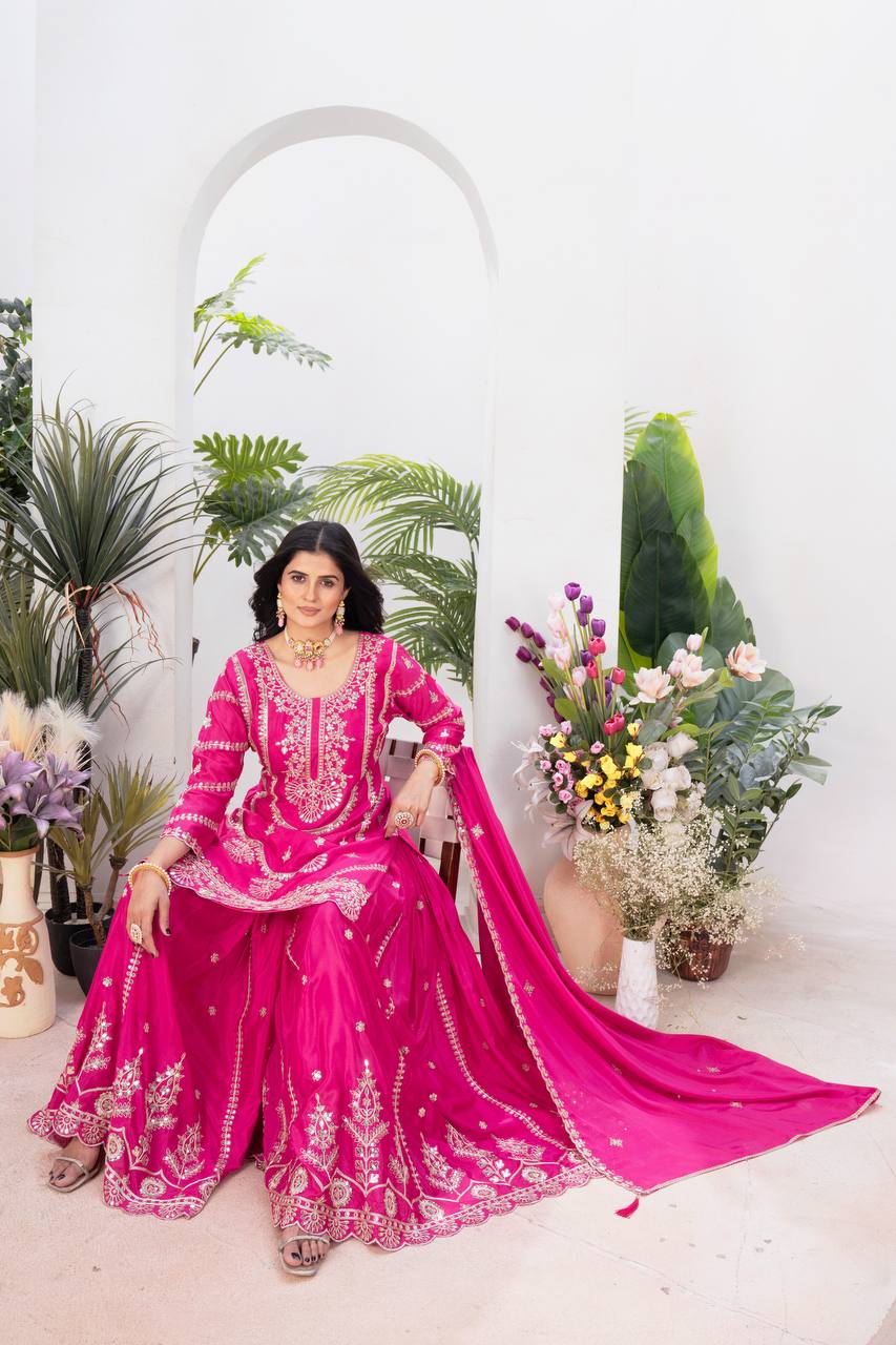 Ceremony Wear Pink Color Pure Chinnon Silk And Embroidery With Coding Sequence Work Palazzo Suit