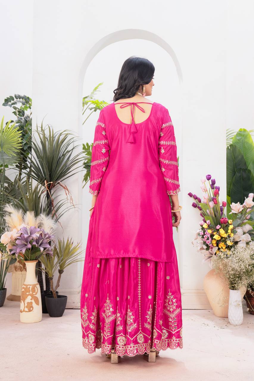 Ceremony Wear Pink Color Pure Chinnon Silk And Embroidery With Coding Sequence Work Palazzo Suit