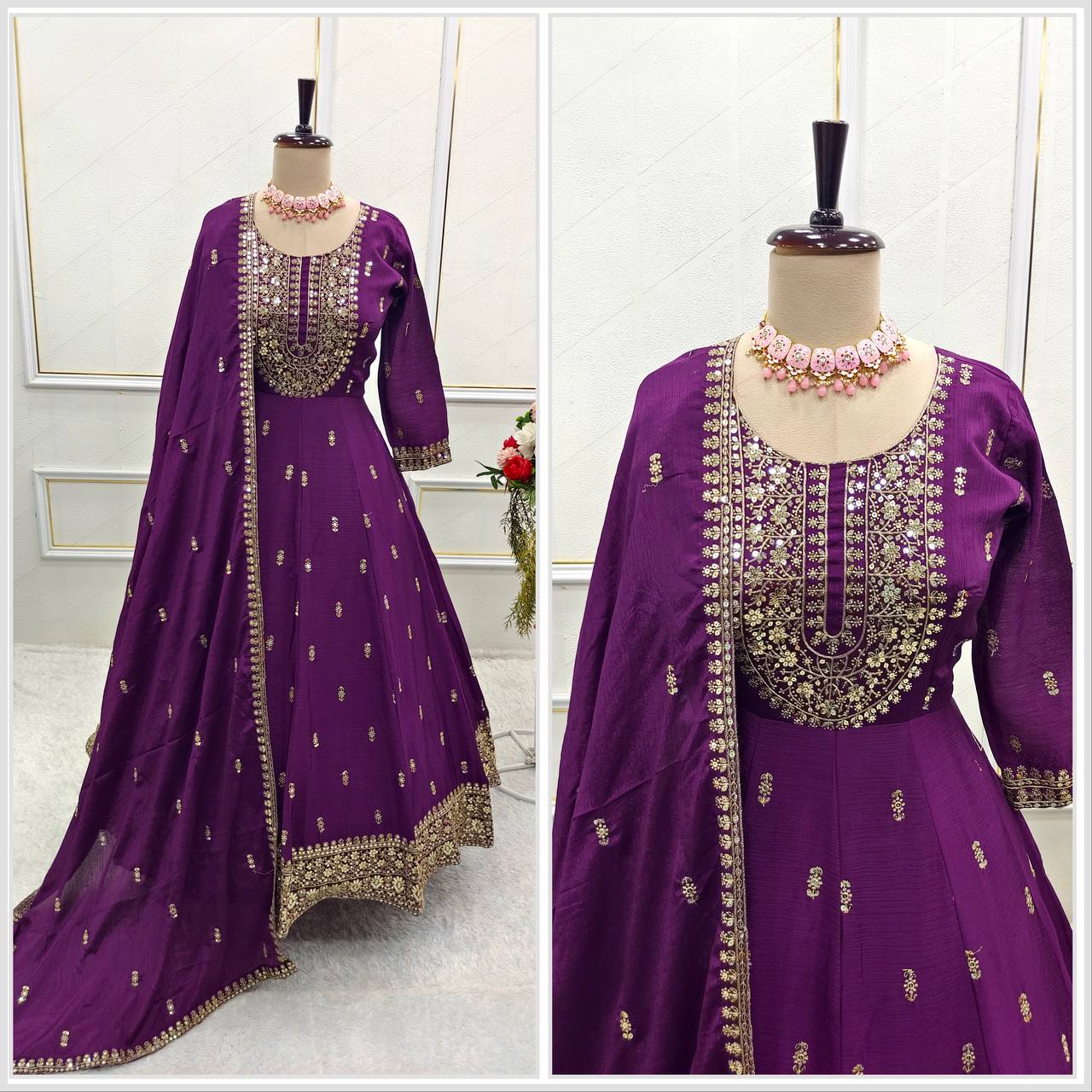 Ceremony Wear Purple Color Pure Chinon Silk Heavy 5mm Sequin Embroidery Work Beautiful Gown