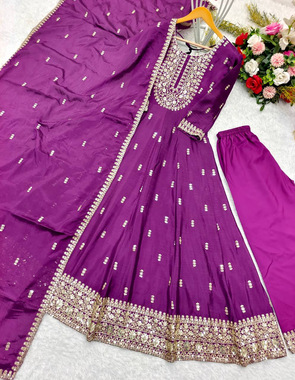 Ceremony Wear Purple Color Pure Chinon Silk Heavy 5mm Sequin Embroidery Work Beautiful Gown
