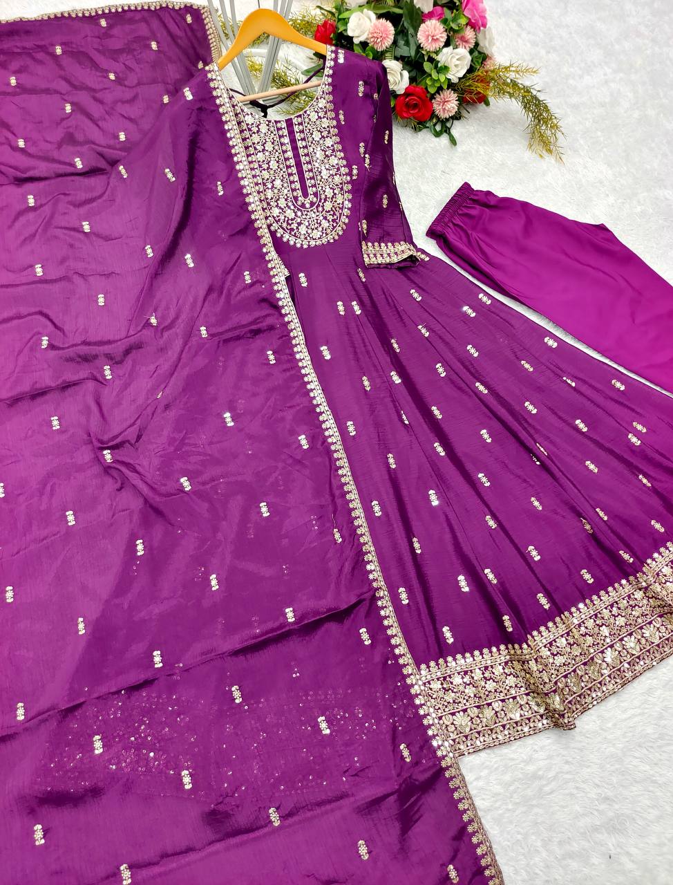 Ceremony Wear Purple Color Pure Chinon Silk Heavy 5mm Sequin Embroidery Work Beautiful Gown