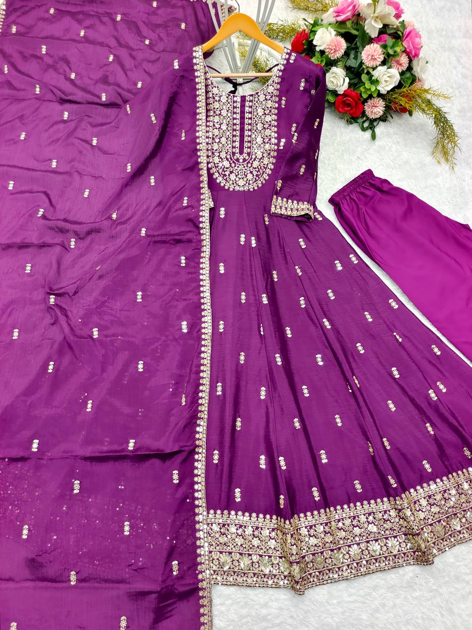 Ceremony Wear Purple Color Pure Chinon Silk Heavy 5mm Sequin Embroidery Work Beautiful Gown