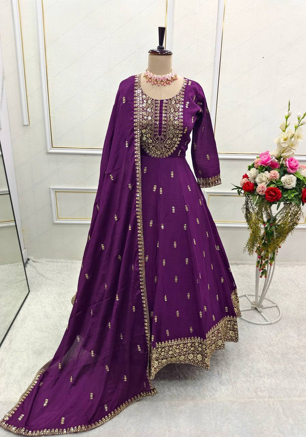 Ceremony Wear Purple Color Pure Chinon Silk Heavy 5mm Sequin Embroidery Work Beautiful Gown