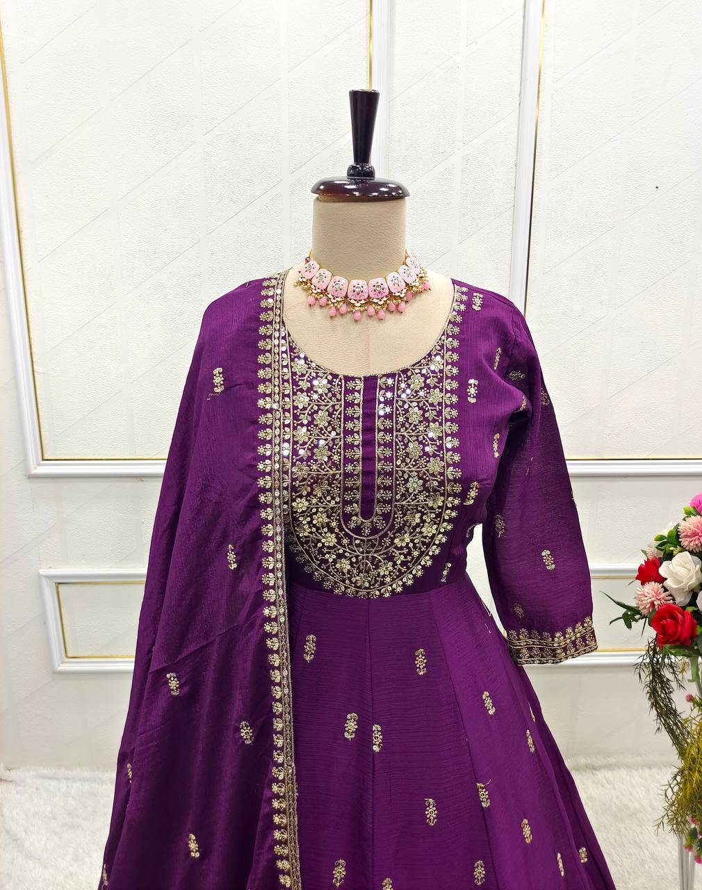Ceremony Wear Purple Color Pure Chinon Silk Heavy 5mm Sequin Embroidery Work Beautiful Gown