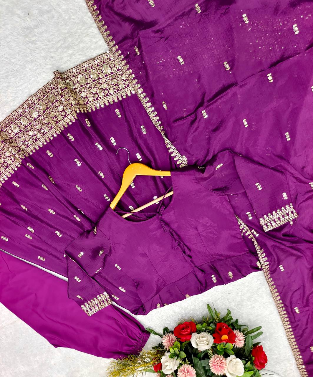 Ceremony Wear Purple Color Pure Chinon Silk Heavy 5mm Sequin Embroidery Work Beautiful Gown