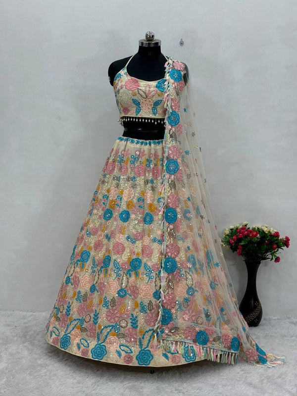 Wedding Wear Multi Color Faux Georgette With Heavy Embroidered Sequence Work Lehenga Choli