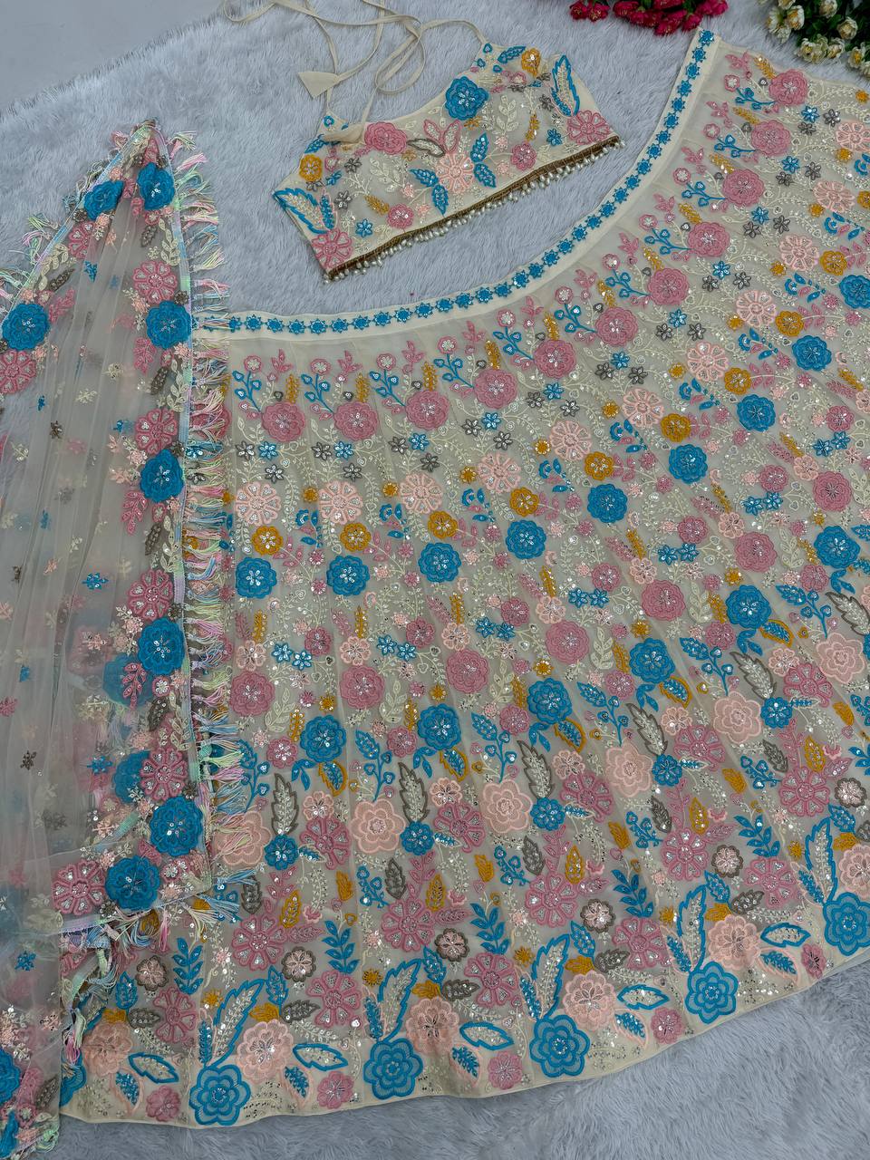 Wedding Wear Multi Color Faux Georgette With Heavy Embroidered Sequence Work Lehenga Choli