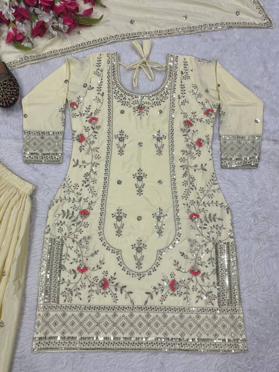 Festive Wear Off White Color Natural Crep Material With Sequence Embroidery Work Sharara Suit
