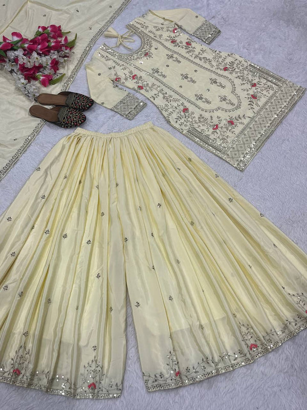 Festive Wear Off White Color Natural Crep Material With Sequence Embroidery Work Sharara Suit