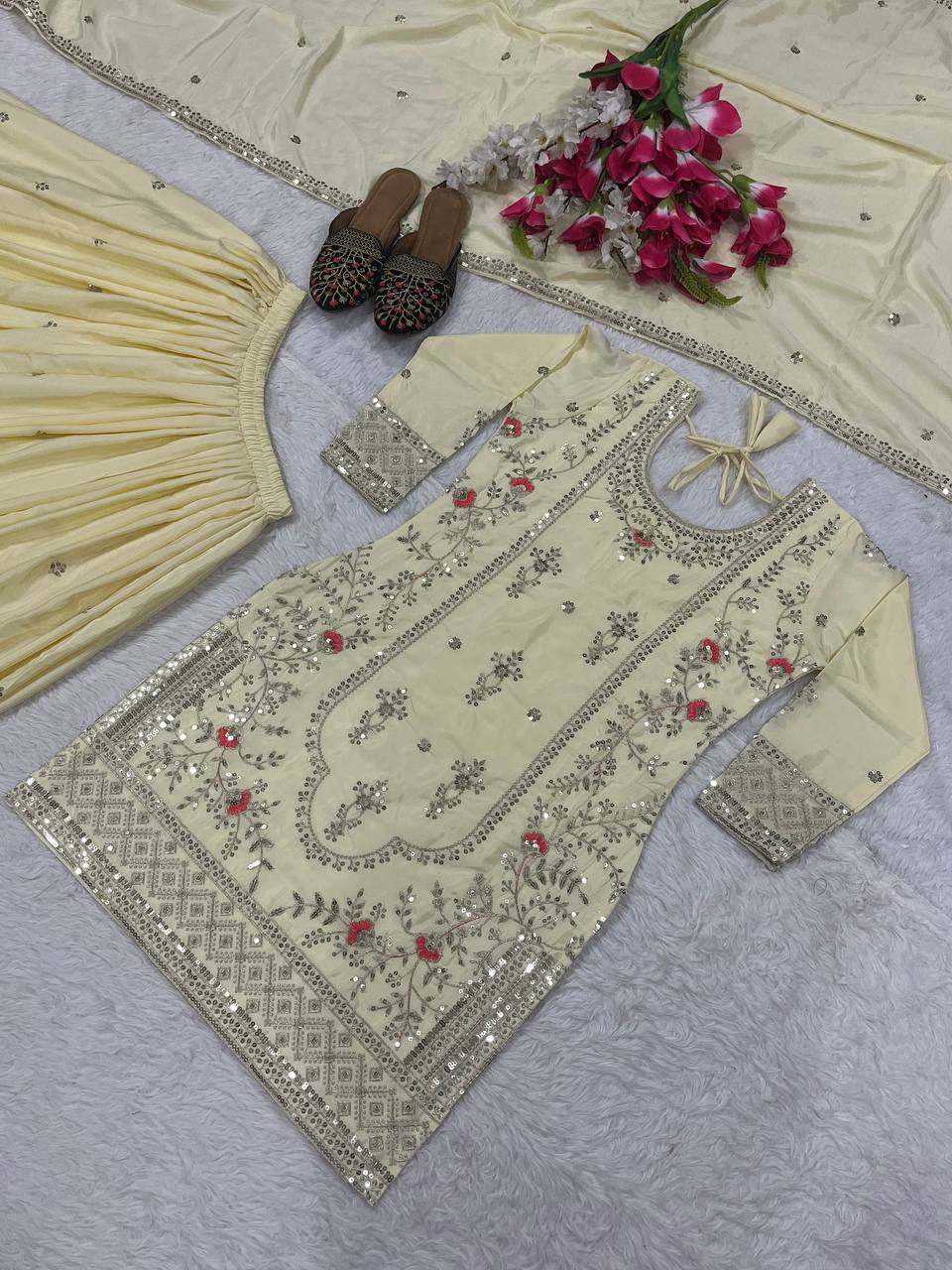 Festive Wear Off White Color Natural Crep Material With Sequence Embroidery Work Sharara Suit