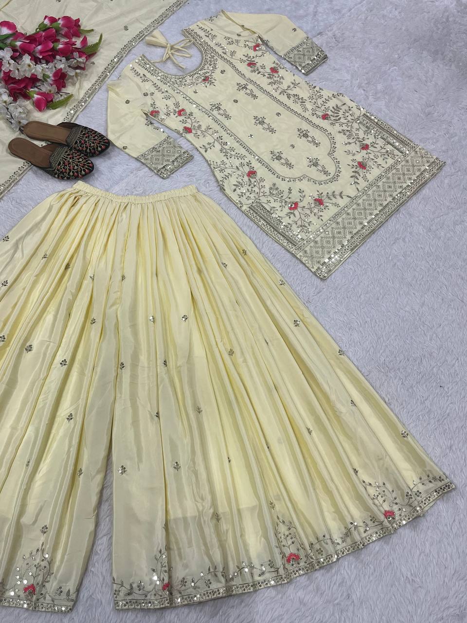 Festive Wear Off White Color Natural Crep Material With Sequence Embroidery Work Sharara Suit