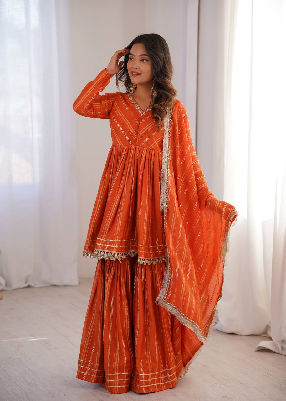 Arti Chauhan Wear Orange Color Mal Chanderi Real Mirror Handwork Shara ...