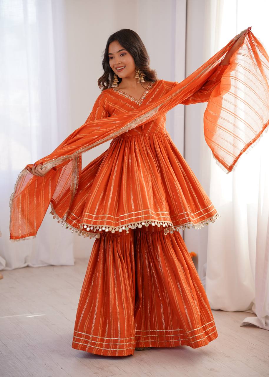 Arti Chauhan Wear Orange Color Mal Chanderi Real Mirror Handwork Shara ...