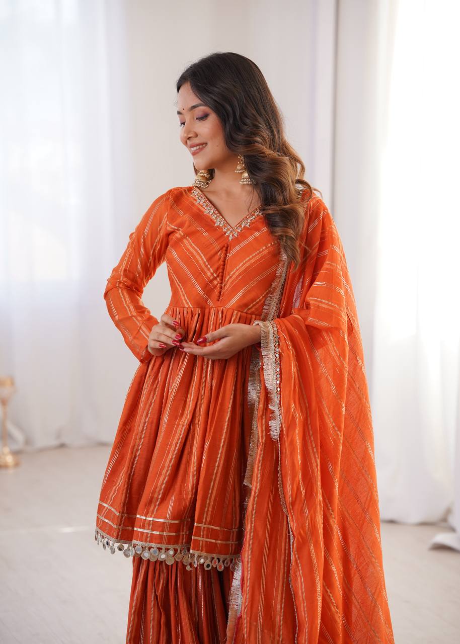 Arti Chauhan Wear Orange Color Mal Chanderi Real Mirror Handwork Shara ...