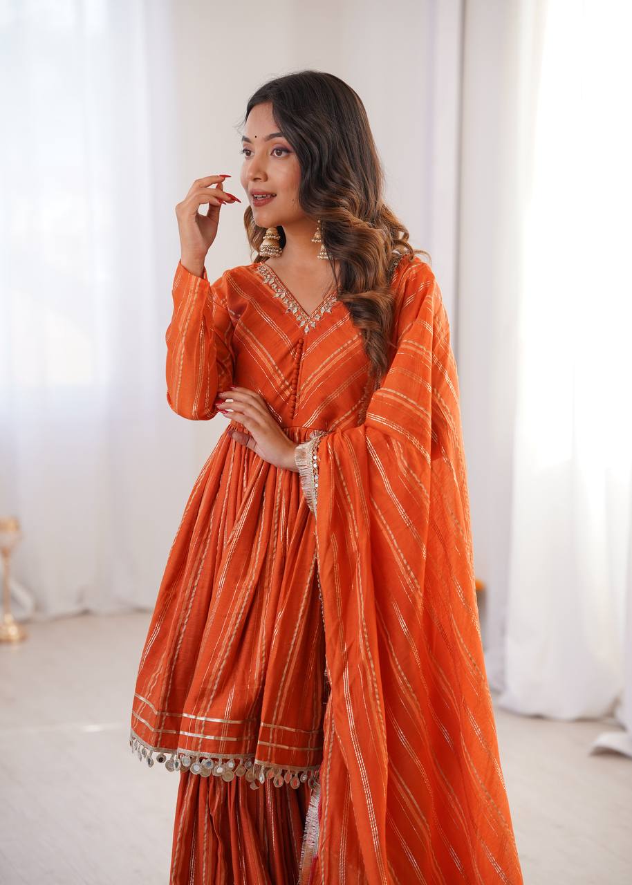 Arti Chauhan Wear Orange Color Mal Chanderi Real Mirror Handwork Shara ...