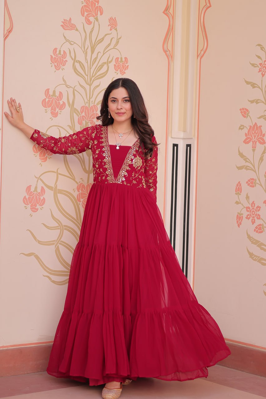Party Wear Rani Pink Color Faux Blooming With Sequins And Zari Embroidered Work Designer Gown