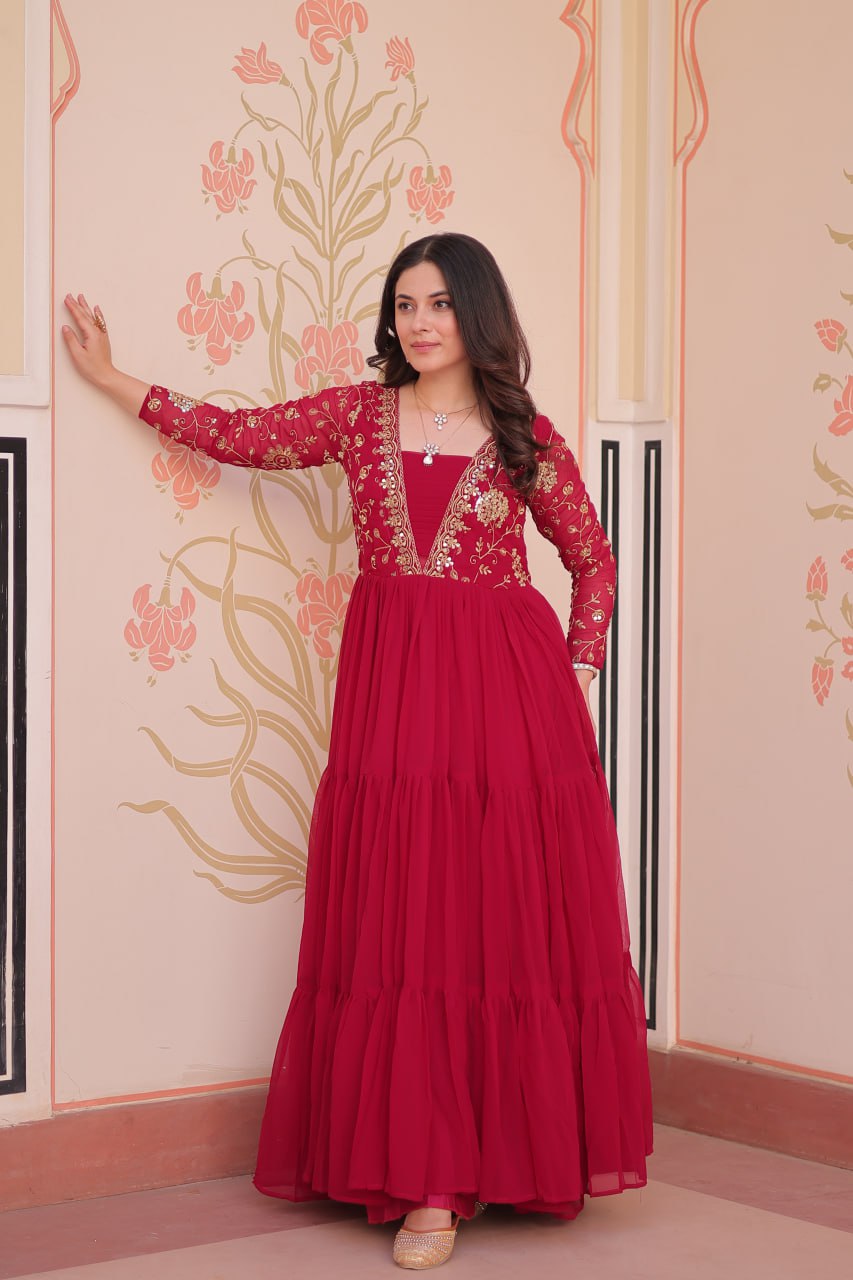 Party Wear Rani Pink Color Faux Blooming With Sequins And Zari Embroidered Work Designer Gown
