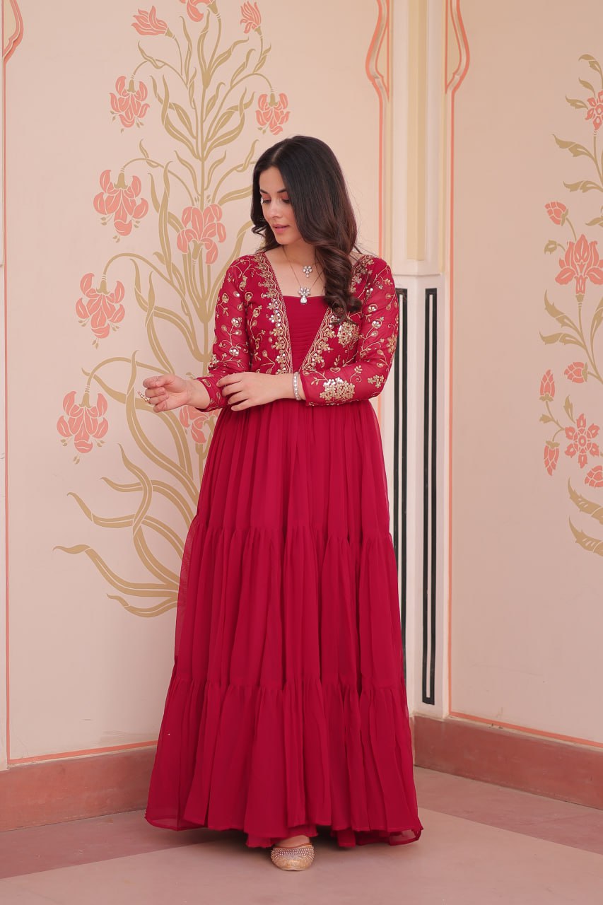 Party Wear Rani Pink Color Faux Blooming With Sequins And Zari Embroidered Work Designer Gown