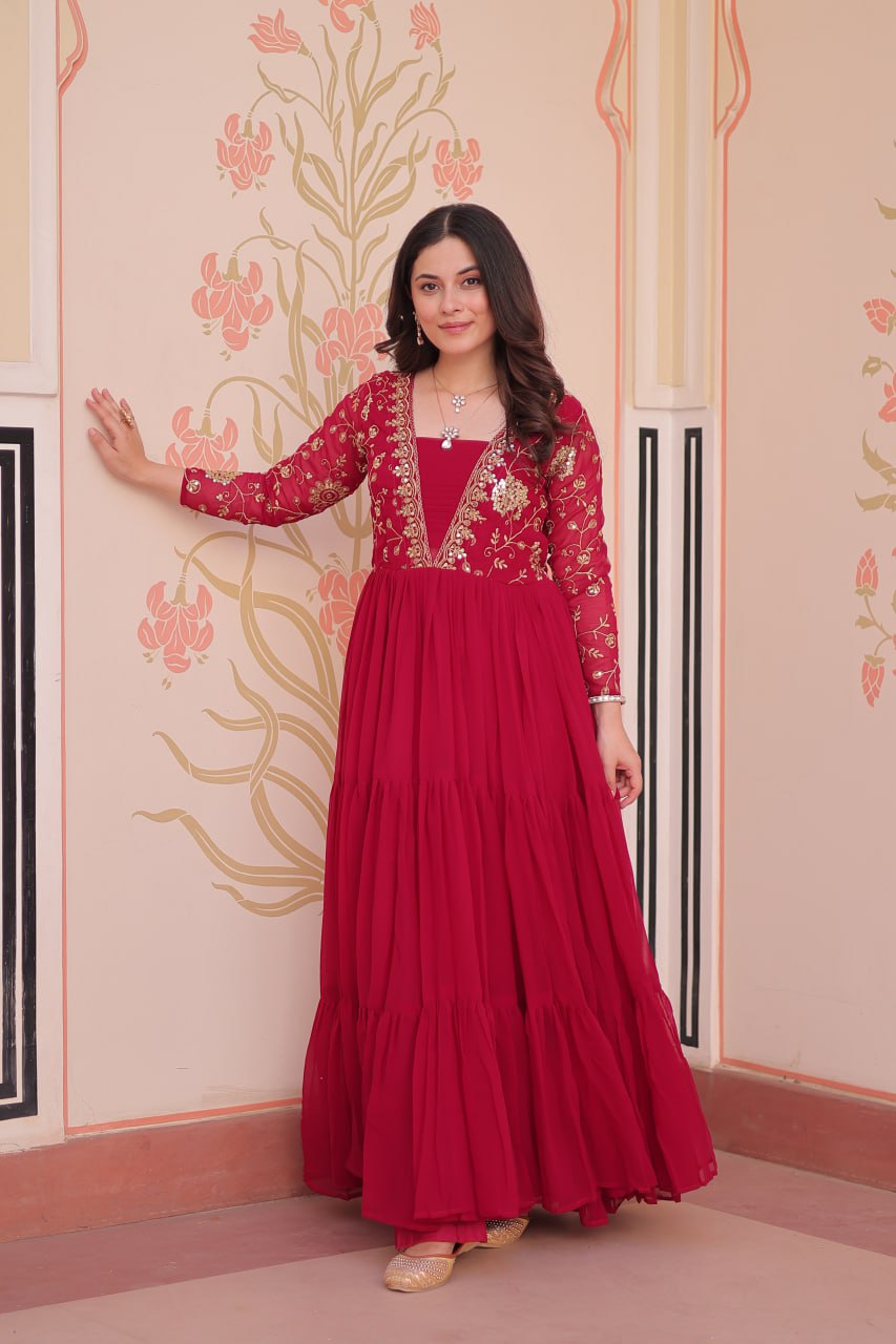 Party Wear Rani Pink Color Faux Blooming With Sequins And Zari Embroidered Work Designer Gown
