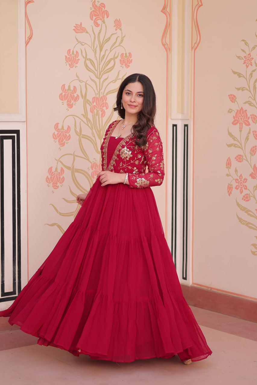 Party Wear Rani Pink Color Faux Blooming With Sequins And Zari Embroidered Work Designer Gown