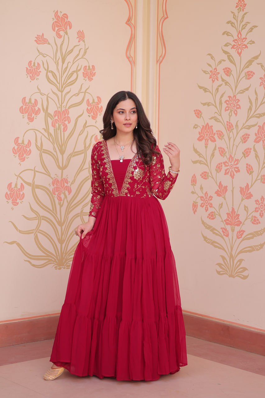 Party Wear Rani Pink Color Faux Blooming With Sequins And Zari Embroidered Work Designer Gown
