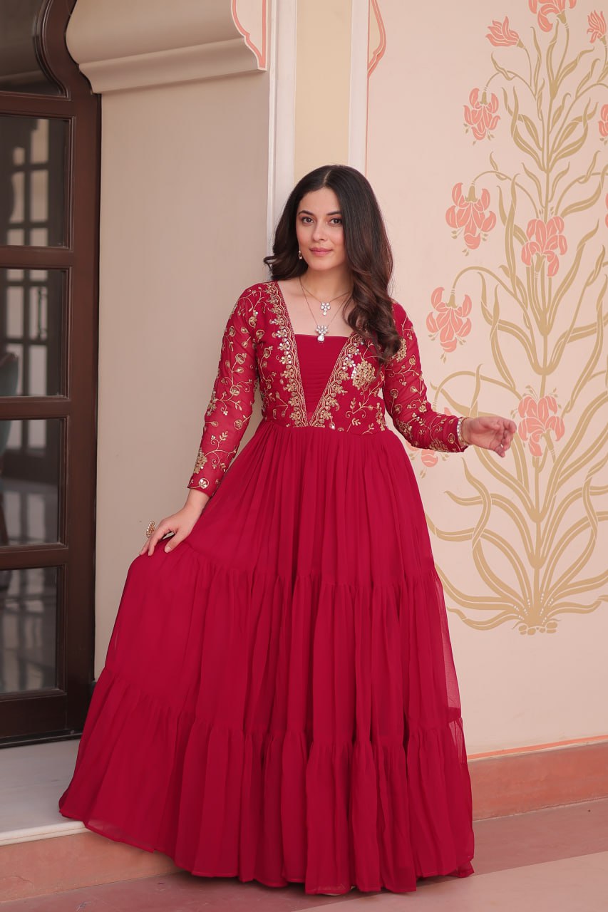 Party Wear Rani Pink Color Faux Blooming With Sequins And Zari Embroidered Work Designer Gown