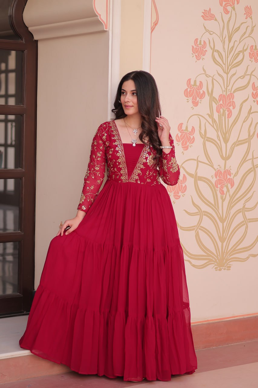 Party Wear Rani Pink Color Faux Blooming With Sequins And Zari Embroidered Work Designer Gown