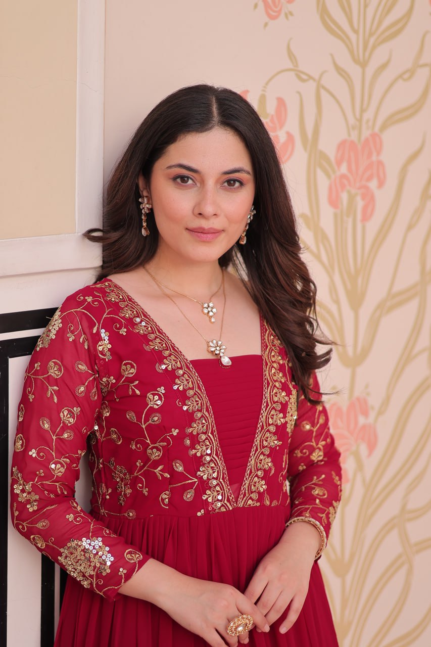 Party Wear Rani Pink Color Faux Blooming With Sequins And Zari Embroidered Work Designer Gown