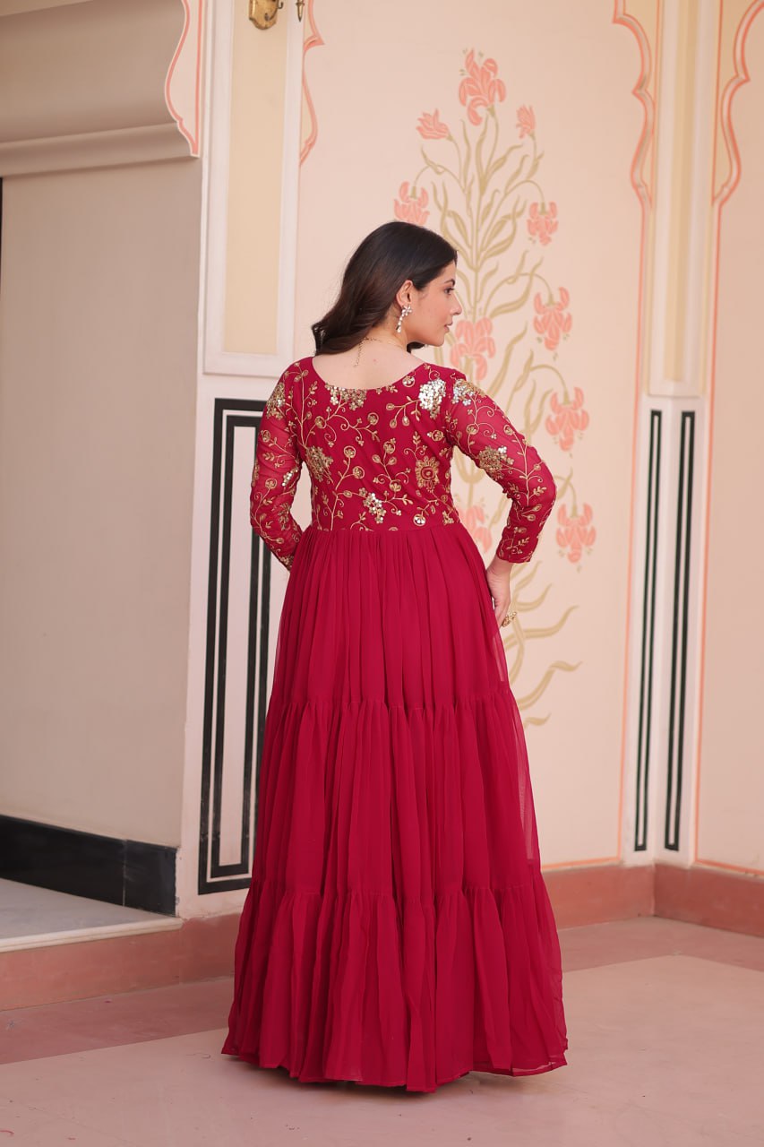 Party Wear Rani Pink Color Faux Blooming With Sequins And Zari Embroidered Work Designer Gown