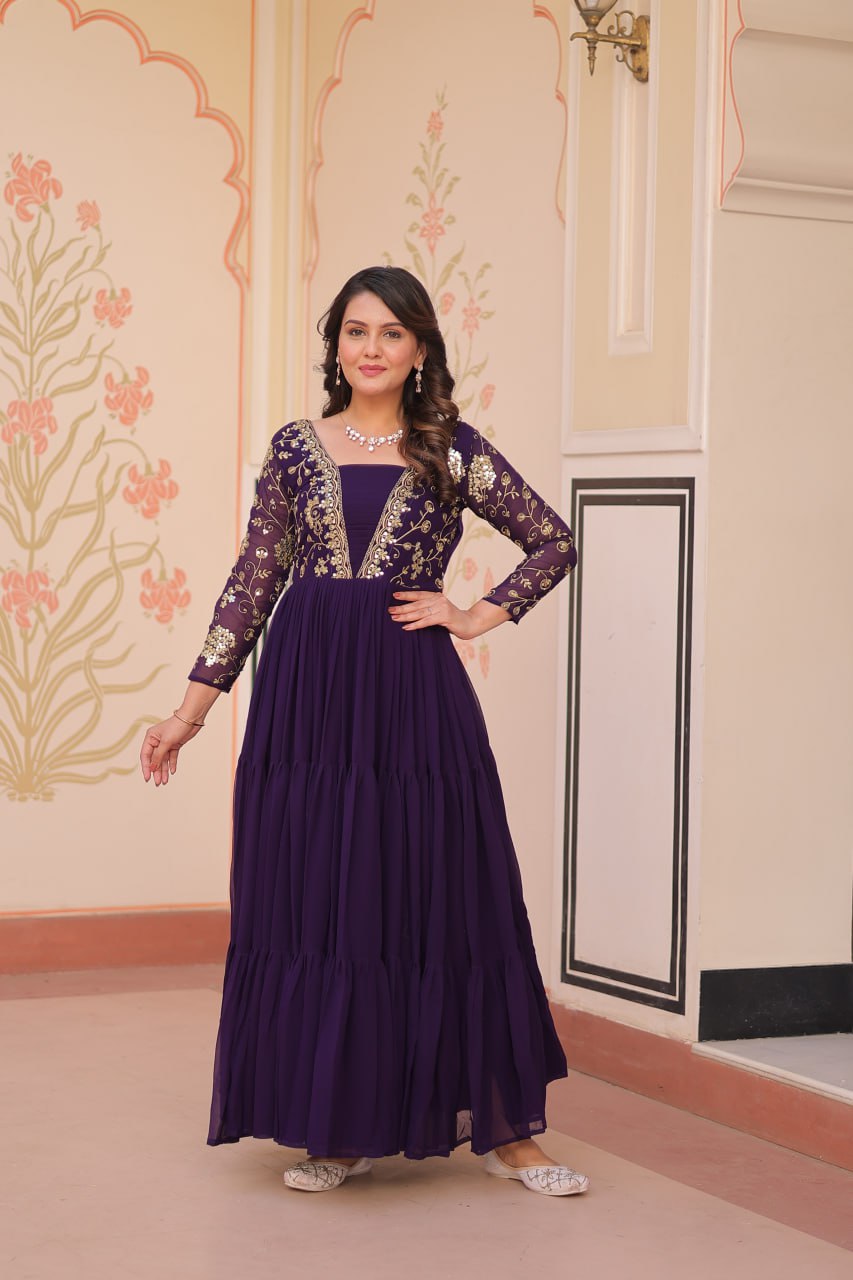 Reception Wear Purple Color Faux Blooming With Sequins And Zari Embroidered Work Designer Gown