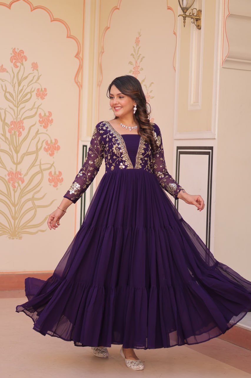 Reception Wear Purple Color Faux Blooming With Sequins And Zari Embroidered Work Designer Gown