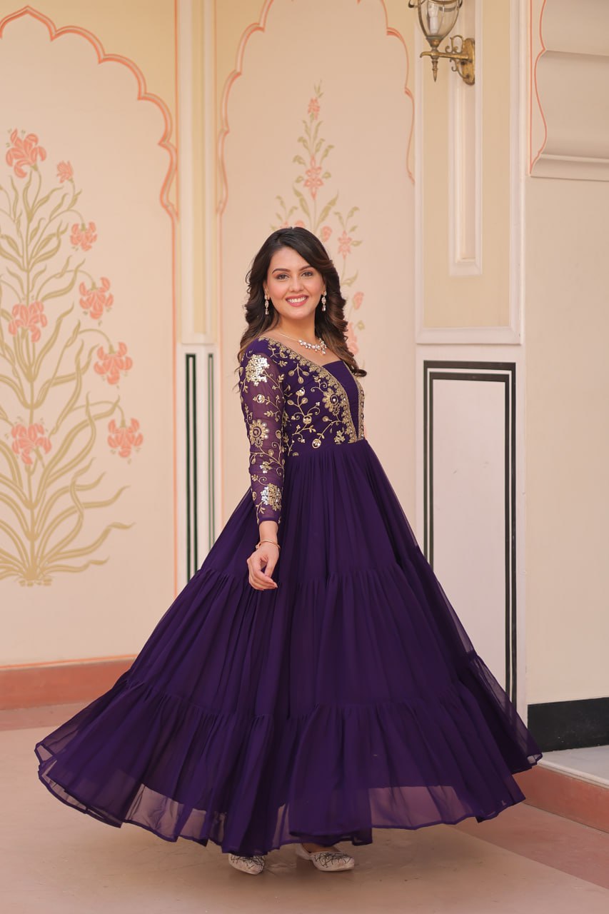 Reception Wear Purple Color Faux Blooming With Sequins And Zari Embroidered Work Designer Gown