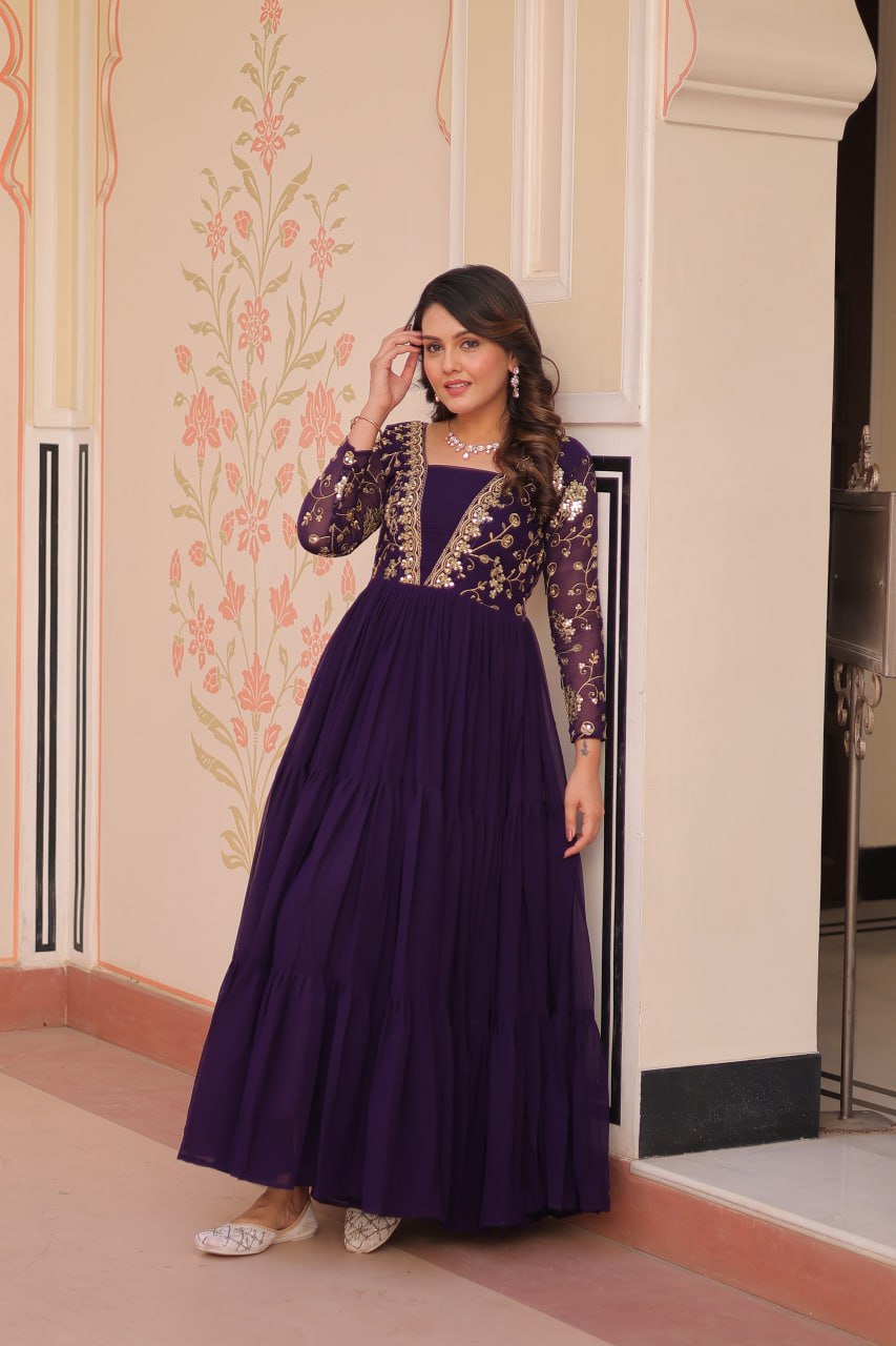 Reception Wear Purple Color Faux Blooming With Sequins And Zari Embroidered Work Designer Gown