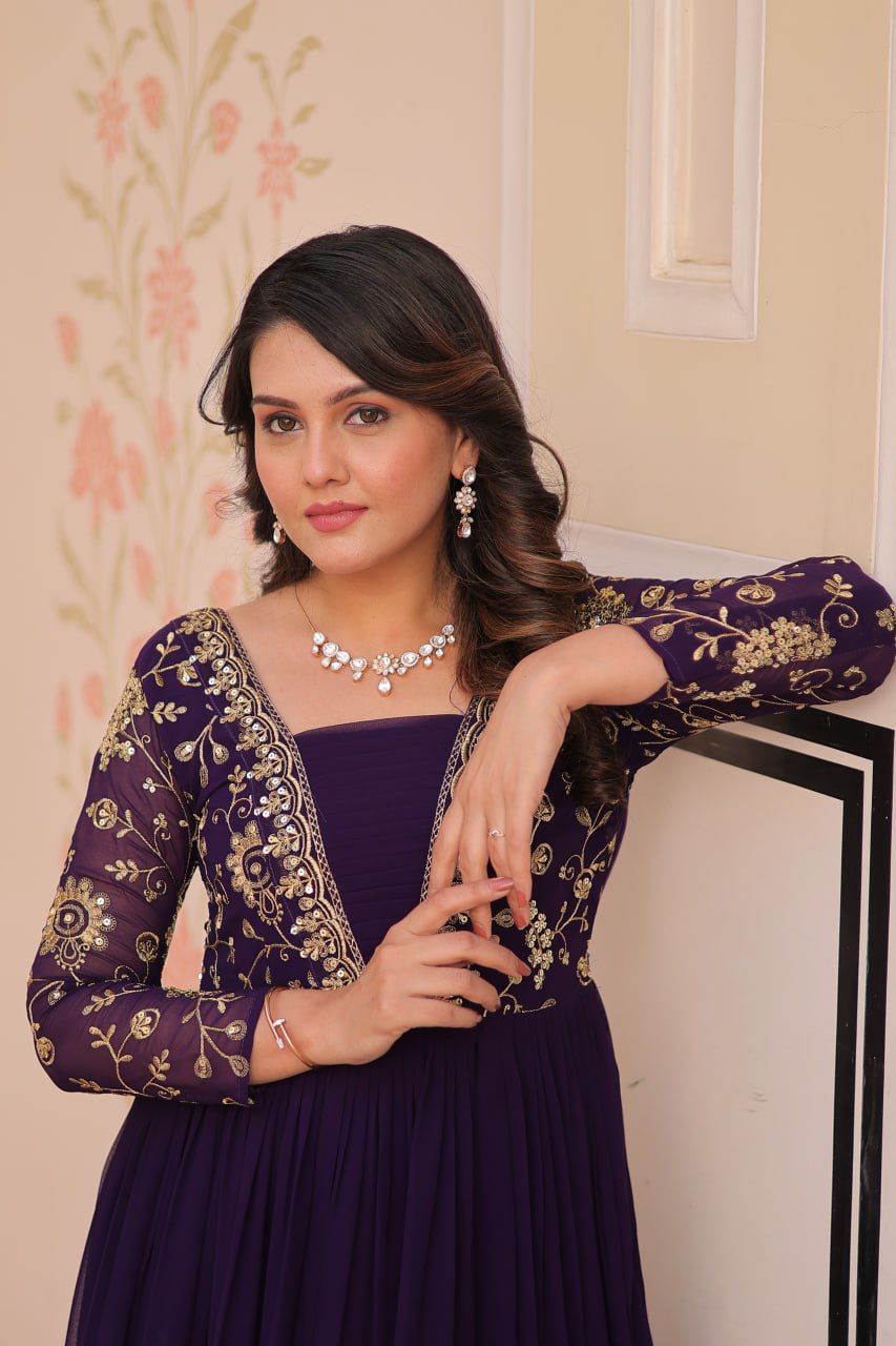 Reception Wear Purple Color Faux Blooming With Sequins And Zari Embroidered Work Designer Gown