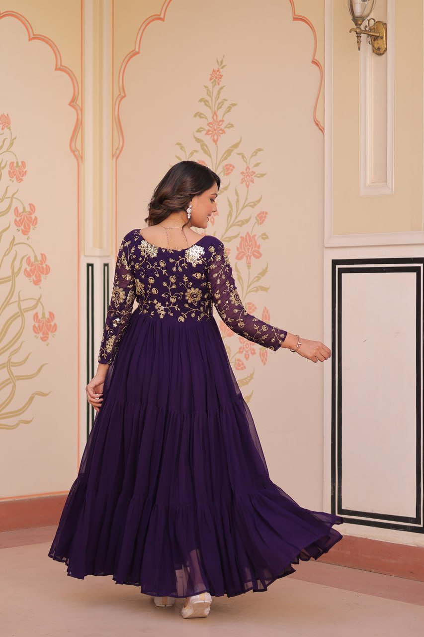 Reception Wear Purple Color Faux Blooming With Sequins And Zari Embroidered Work Designer Gown