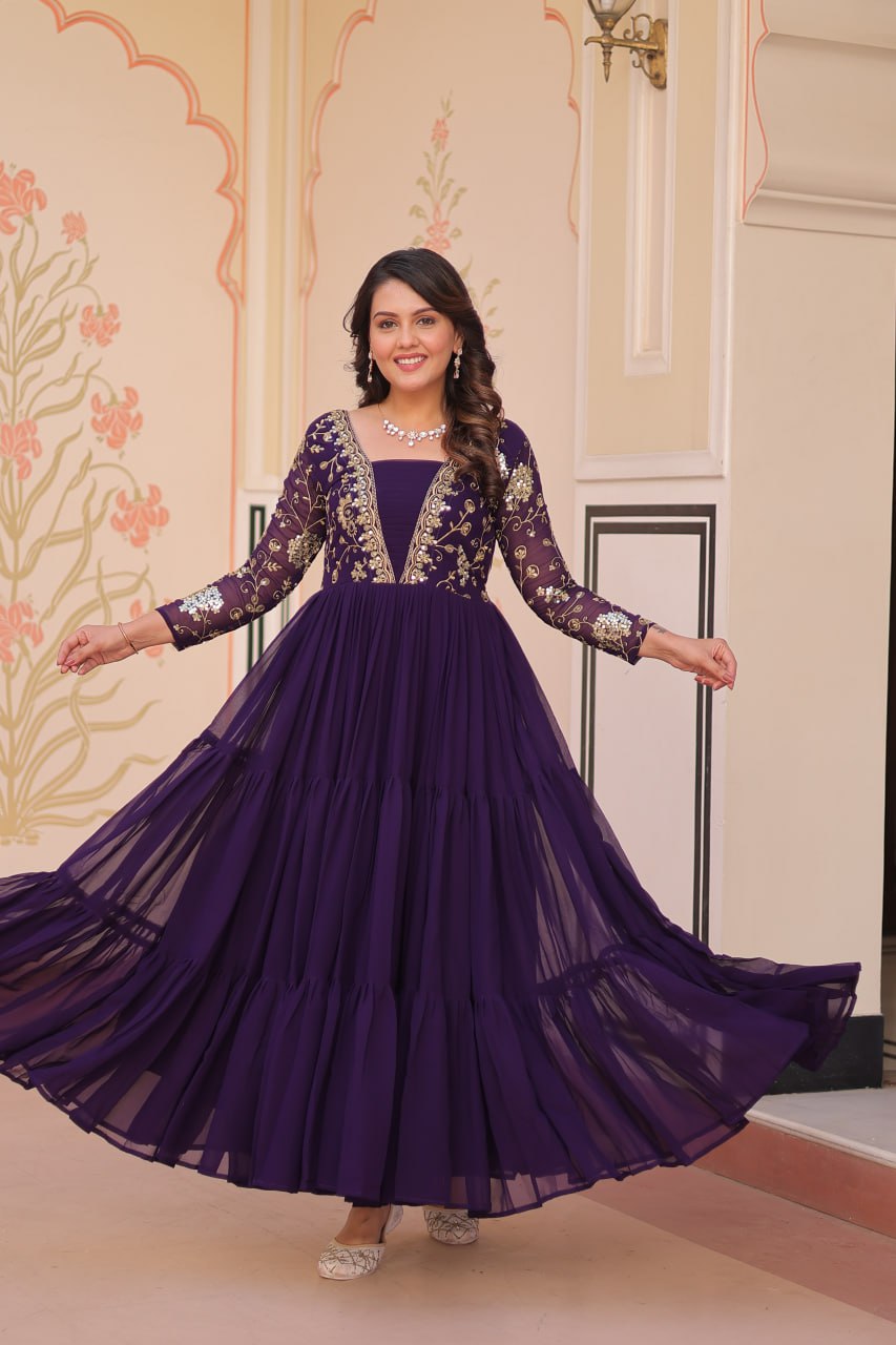 Reception Wear Purple Color Faux Blooming With Sequins And Zari Embroidered Work Designer Gown