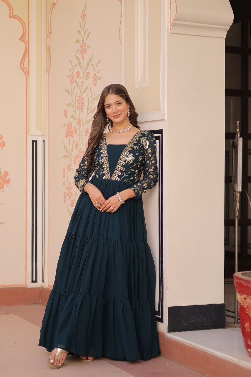 Function Wear Rama Color Faux Blooming With Sequins And Zari Embroidered Work Designer Gown