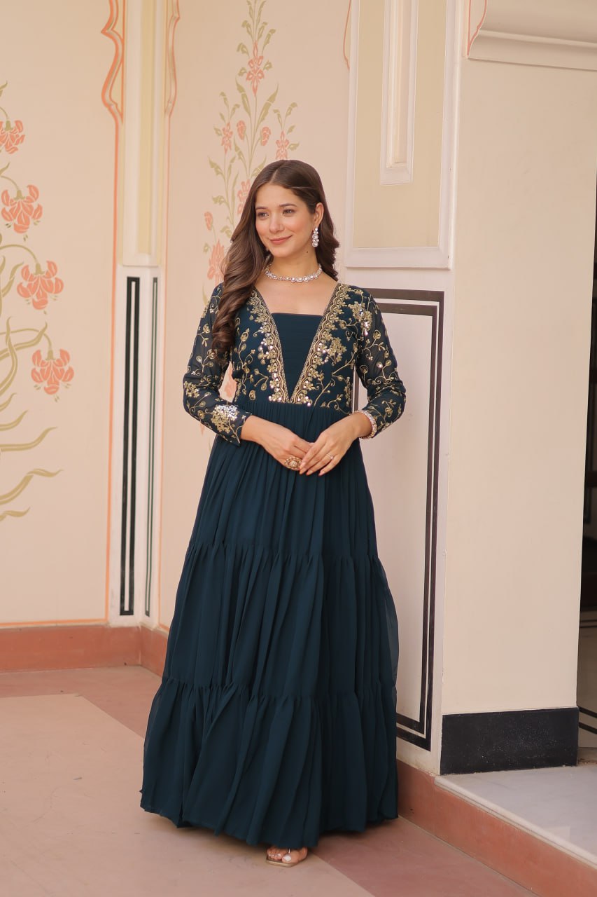 Function Wear Rama Color Faux Blooming With Sequins And Zari Embroidered Work Designer Gown