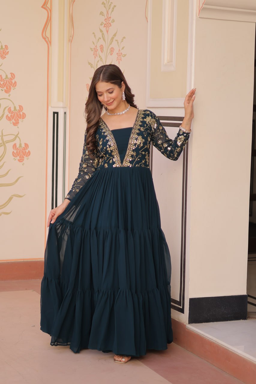 Function Wear Rama Color Faux Blooming With Sequins And Zari Embroidered Work Designer Gown