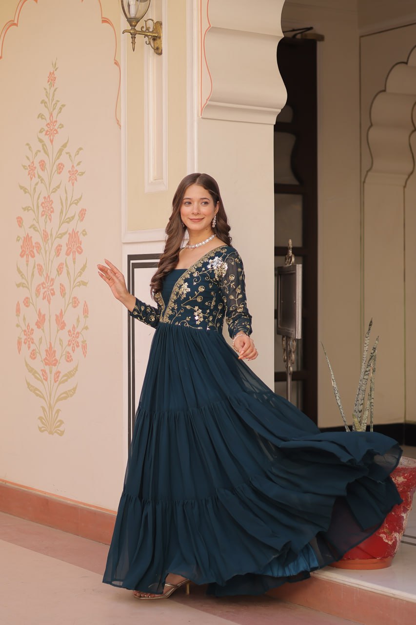 Function Wear Rama Color Faux Blooming With Sequins And Zari Embroidered Work Designer Gown