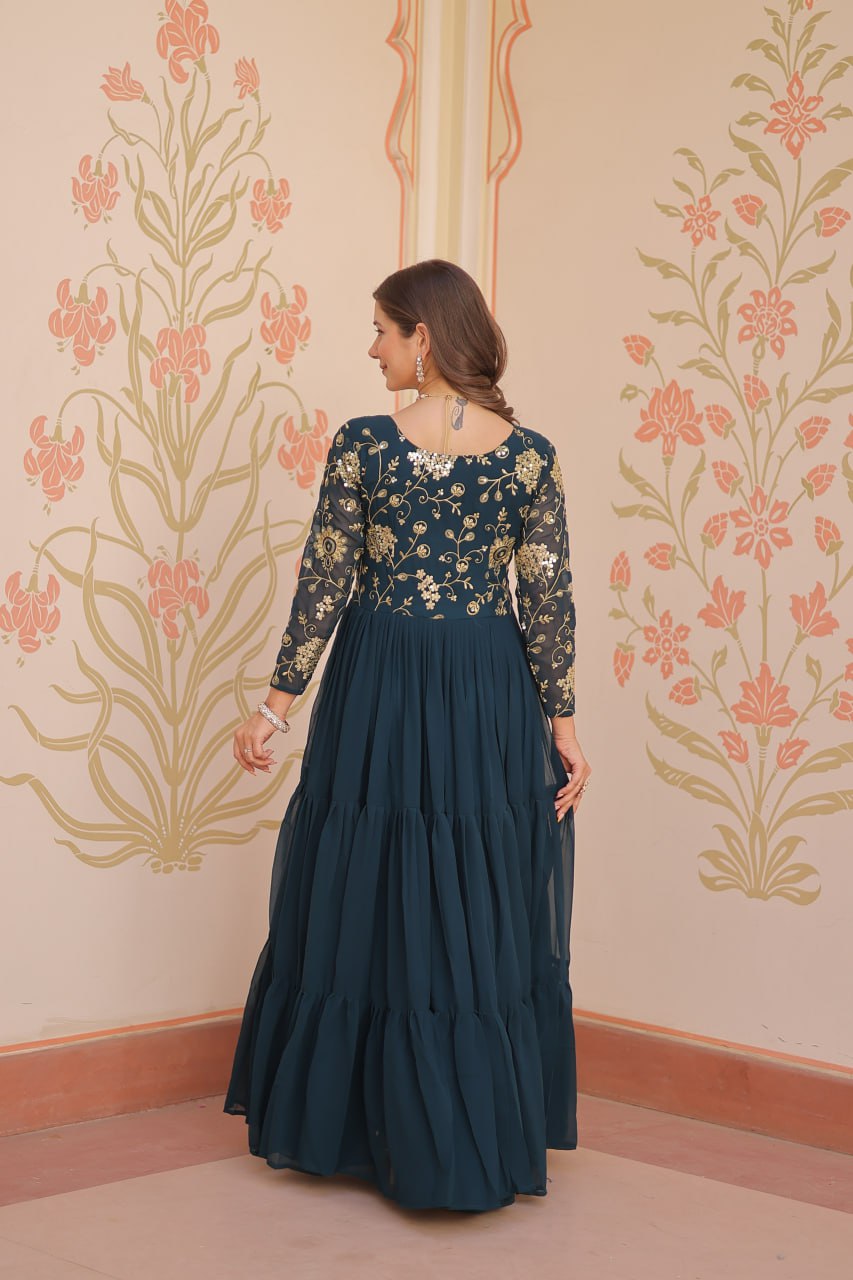 Function Wear Rama Color Faux Blooming With Sequins And Zari Embroidered Work Designer Gown