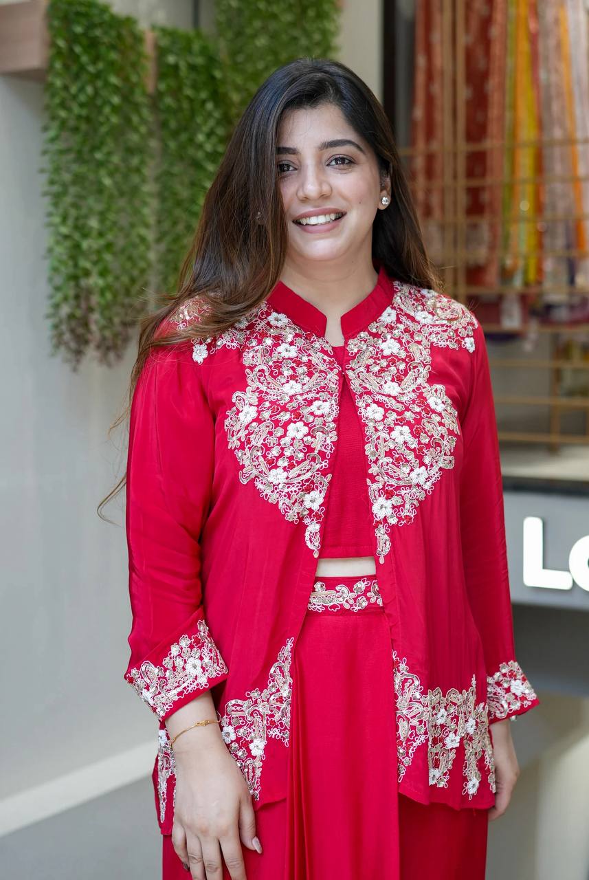 Red Color Chinnon Silk Fully Stitched Party Wear Dhoti Suit With Koti
